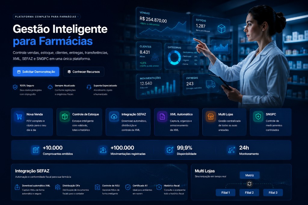 LUPA — Gestão Inteligente para Farmácias. Farmacêutica com painel holográfico de vendas, estoque e clientes.